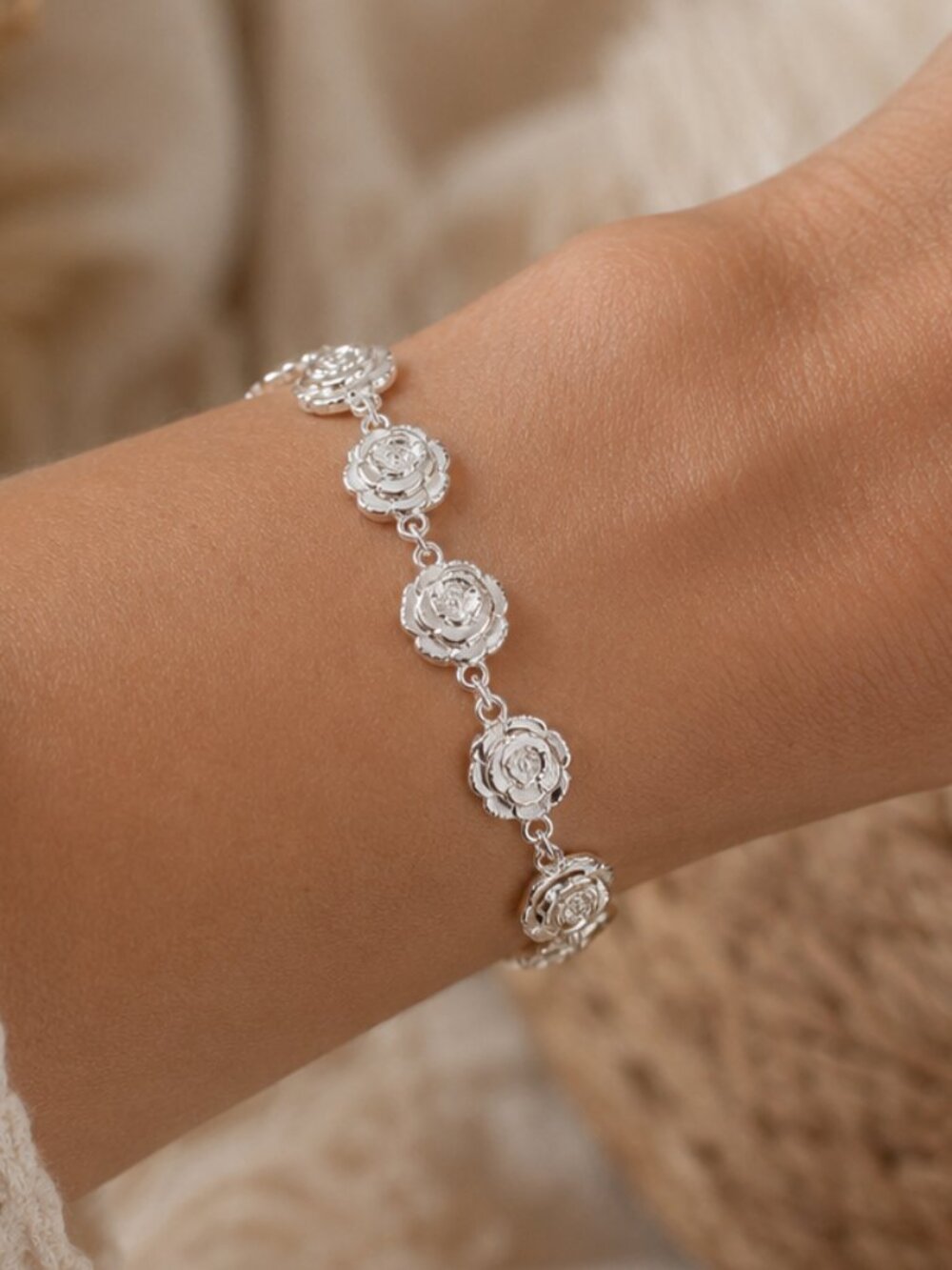 925 Sterling Silver Rose Flower Chain Bracelet